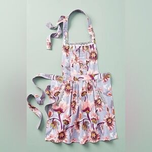 Anthropologie Floral Cotton Apron Pink Purple Embroidered Trim Pleated Pocket